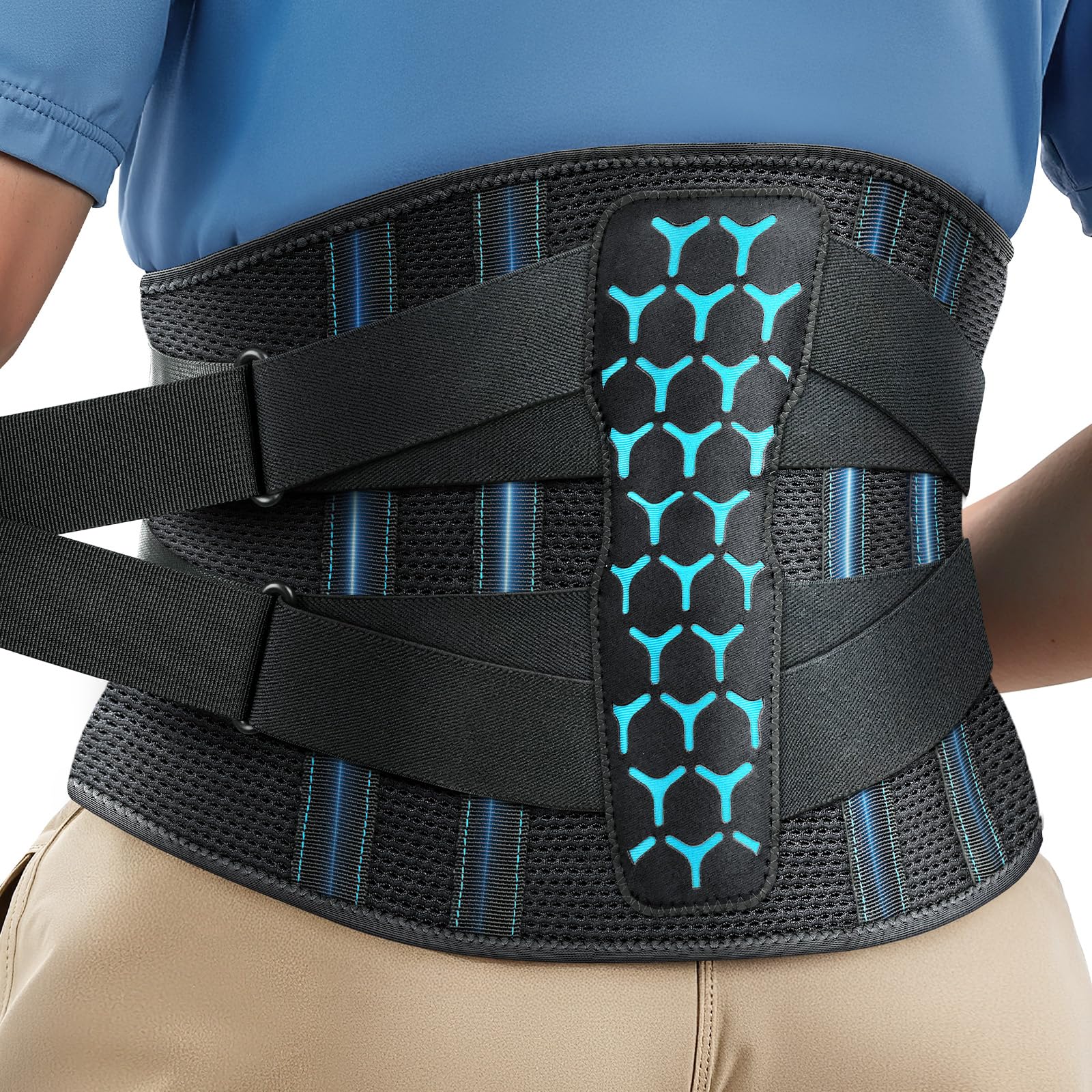 Rakiie Back Support Belt for Lower Back Pain Relief with 7 Stays, Adjustable Back Brace Support for Work, Heavy Lifting, Lumbar Support Belt for Sciatica Scoliosis (Blue, M)