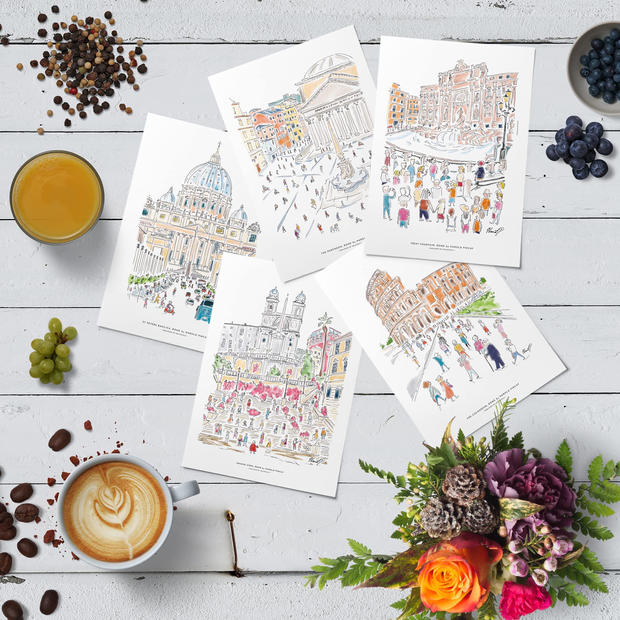Me Loovely Rome Perspectives Set of 5 Printed Cards Artwork Postcards for Office Desk, School, Coffee Table & Wall | Christmas Gifts (A6 Size)