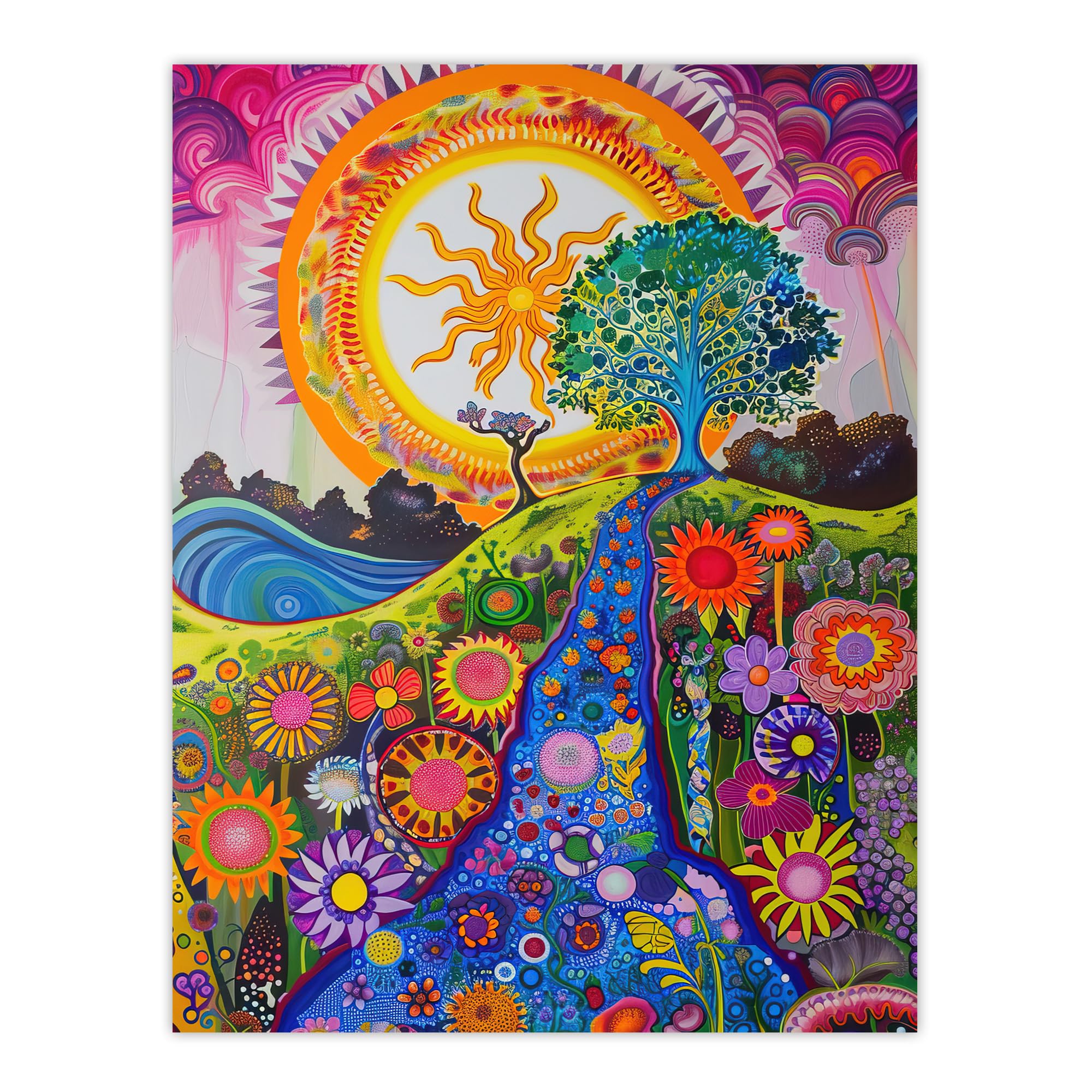 Artery8 Bright Colourful Hippy Artwork Flowers Sun Trees Living Room Large Wall Art Poster Print Thick Paper 18X24 Inch