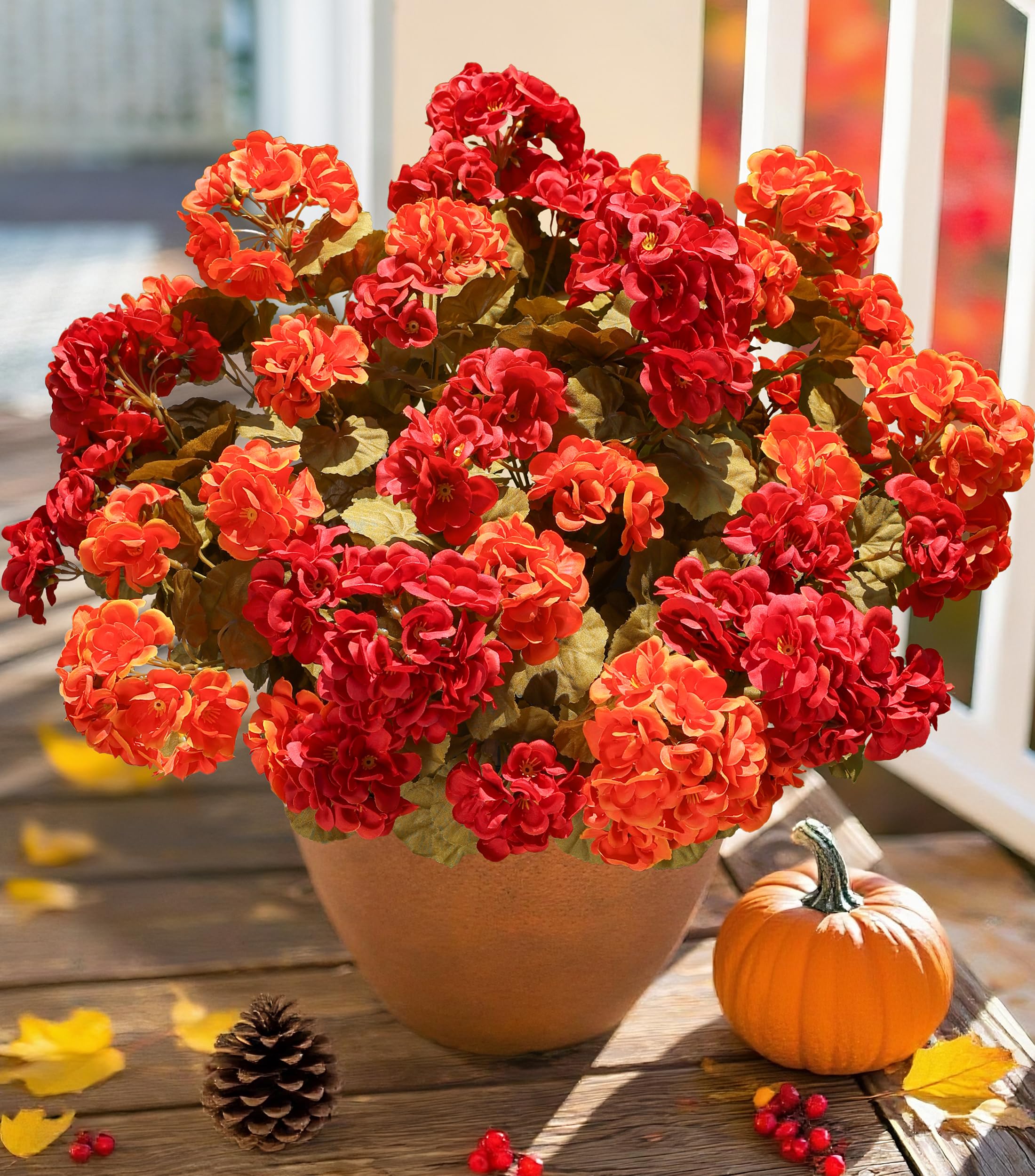 Photo 1 of Fake Geraniums Artificial Flowers for Outdoors Fall Autumn Decoration, 6 Bundles Silk Geraniums Look Real Faux Fall Flowers Plants for Front Door Garden Planter Patio Balcony Yard Home Indoor, Mix