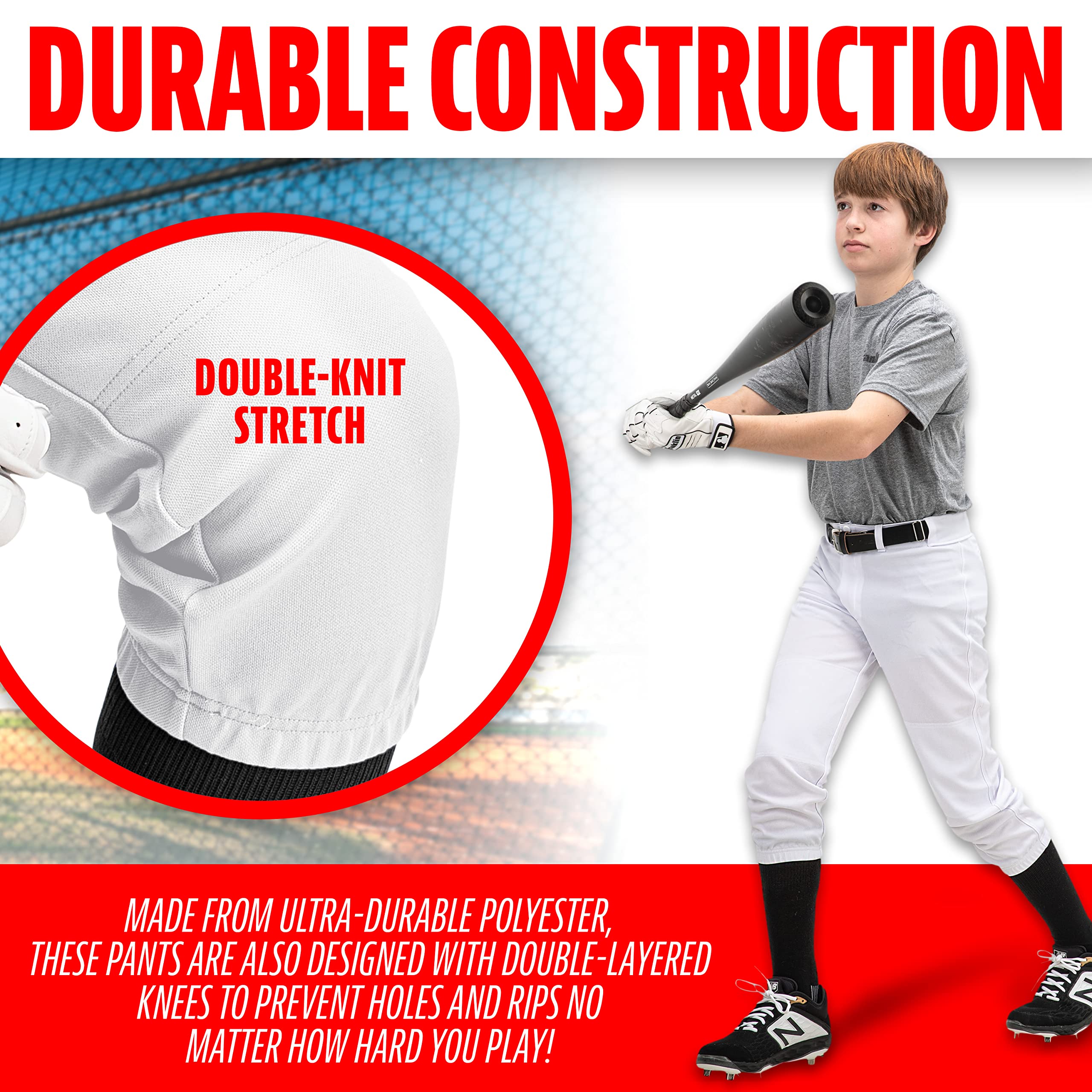 Franklin Sports Youth Baseball + Softball Pants - Knee High + Relaxed Fit Kids Baseball Pants - White, Black + Grey Pants