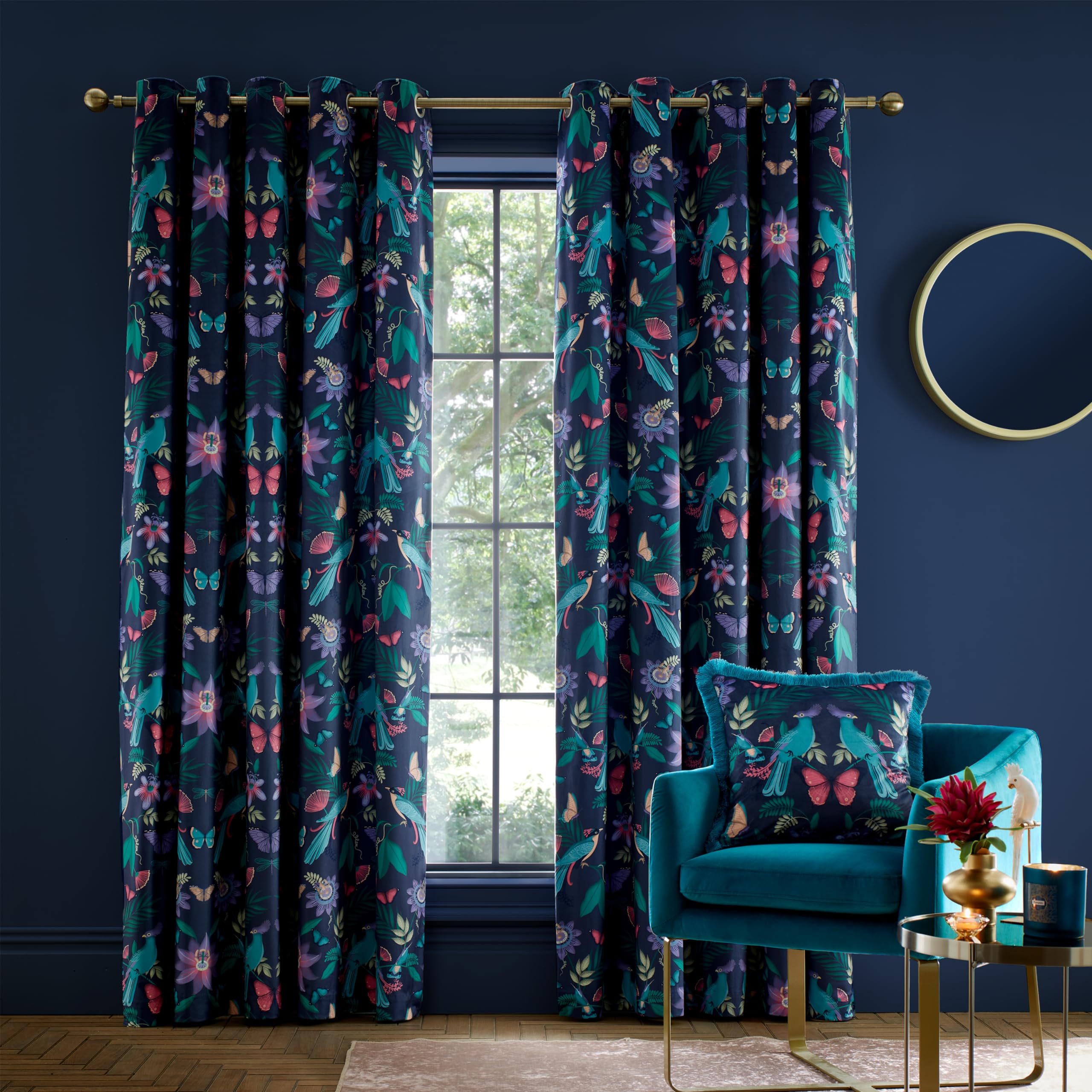 Catherine Lansfield Mya Tropical Floral 46x54 Inch Lined Eyelet Curtains Two Panels Navy Blue