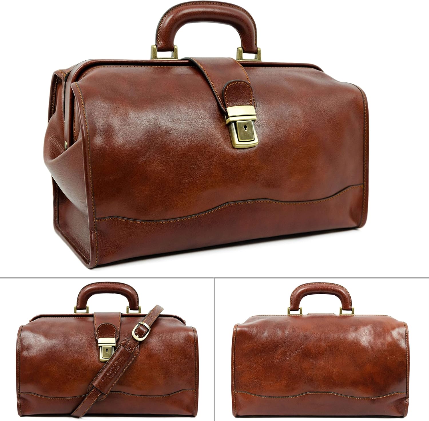 Time Resistance Leather Doctor Bag - Vintage Style Leather Handbag - Briefcase for Men and Women (Brown) - Image 3