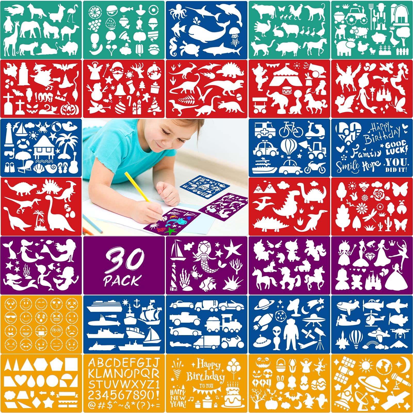 Qpout 30pcs Color Drawing Stencil for Kids, Animal Mermaid Dinosaur Shark Car Letter Painting Templates for Baby Shower Birthday Halloween Party Toddlers Preschool Painting Tool