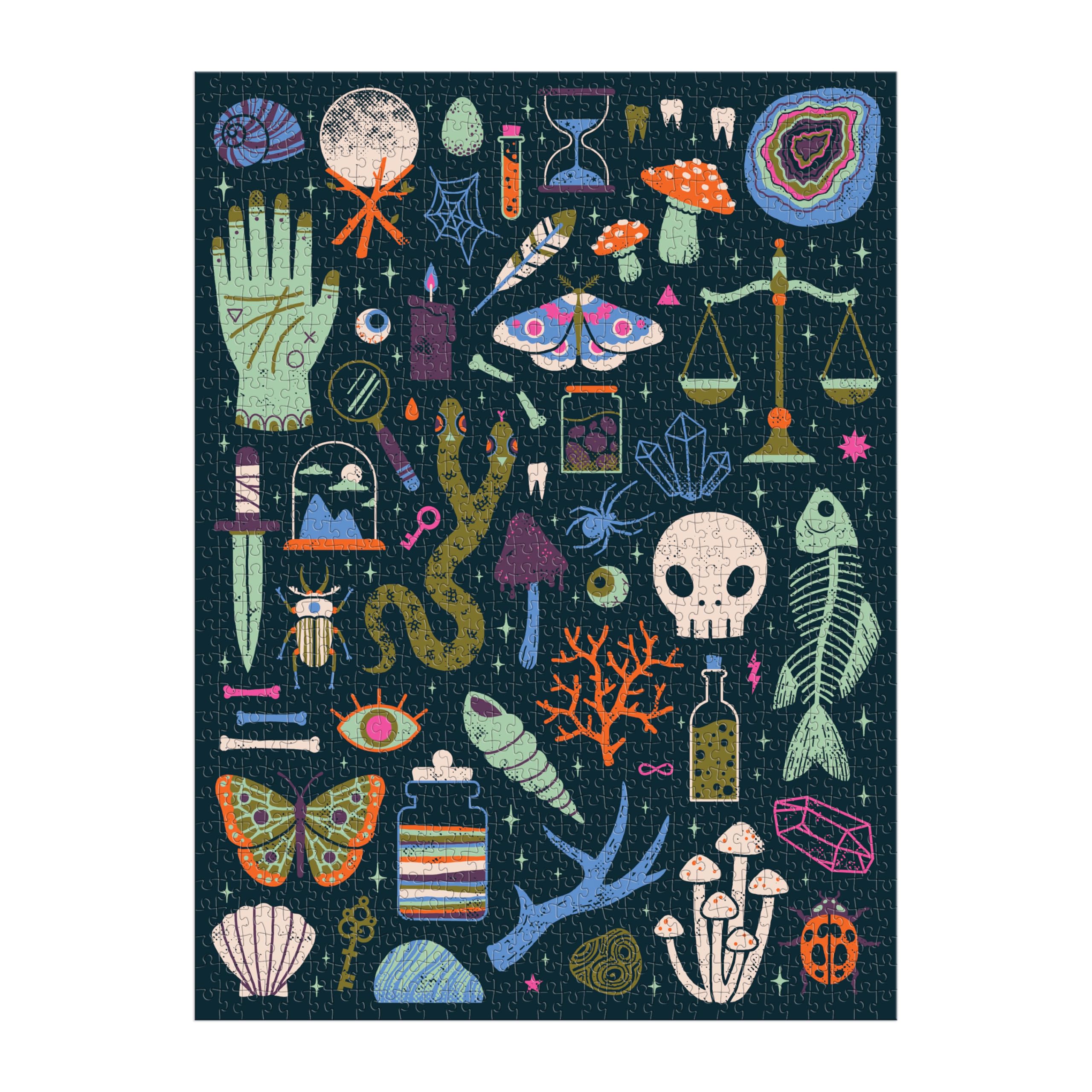 Galison Occult and Curious – 1000 Piece Glow in The Dark Jigsaw Puzzle Featuring an Eerie Collection of Creepy and Spooky Objects