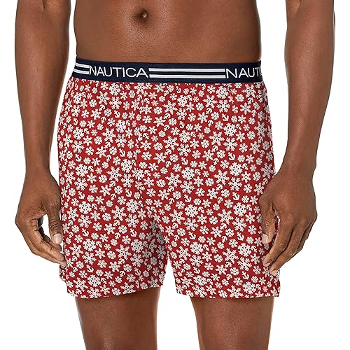 Nautica Men's Classic Cotton Loose Knit Boxer, Snowflakes Red, Small