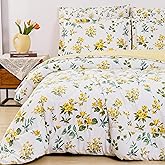 lasoftan Floral Queen Comforter Set with Sheets, 7 Piece Luxury Vintage Bedding, Soft Microfiber Bed in a Bag, Cozy Lightweight Bed Set, Yellow Flower Green Leaves