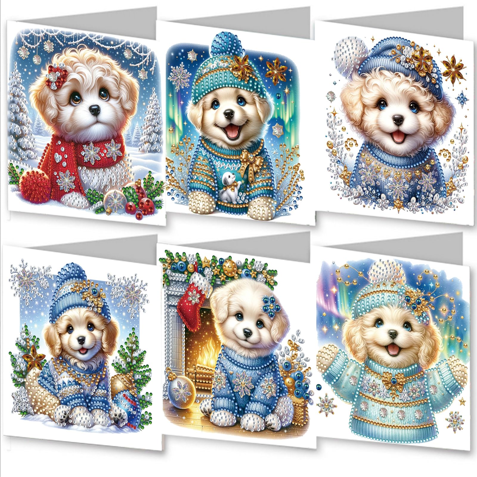 Awesocrafts 6pcs Cute Puppy DIY Diamond Painting Cards Sets, 5D Art Cards with Envelopes, Postcards for Handmade, Xmas 30 * 15cm