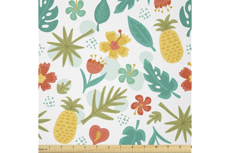 Lunarable Pineapple Fabric by The Yard, Hawaiian Hibiscus Monstera and Palm Leaves Hand Drawn Summer Season Elements, Stretch Knit Fabric for Clothing Sewing and Arts Crafts, 3 Yards, Teal Yellow