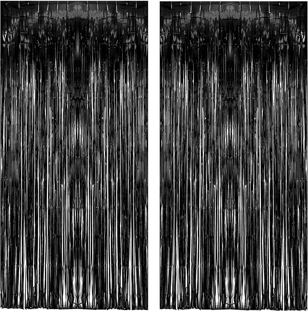GREATRIL Black Tinsel Foil Fringe Curtain 2 Pack 3.2ft x 8.2ft Backdrop