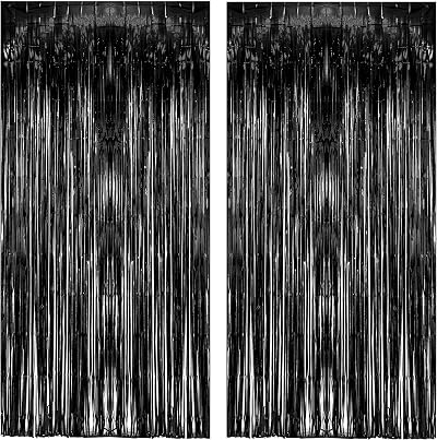 GREATRIL Black Tinsel Foil Fringe Curtain 2 Pack 3.2ft x 8.2ft Backdrop