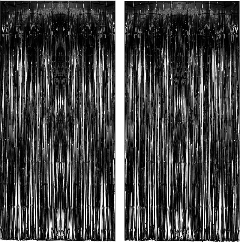 GREATRIL Black Tinsel Foil Fringe Curtain 2 Pack 3.2ft x 8.2ft Backdrop