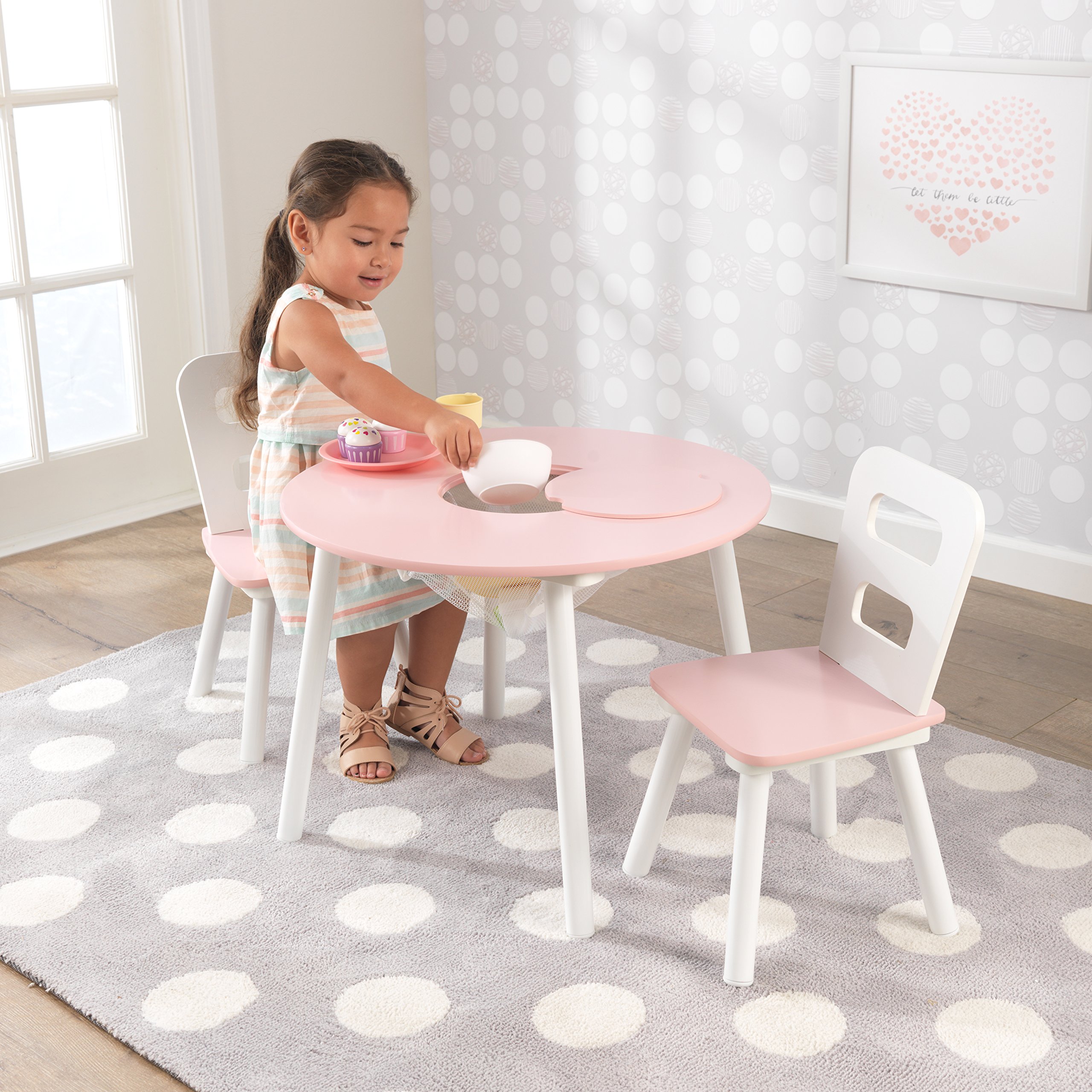 KidKraft Wooden Round Table & 2 Chair Set with Center Mesh Storage - Pink & White