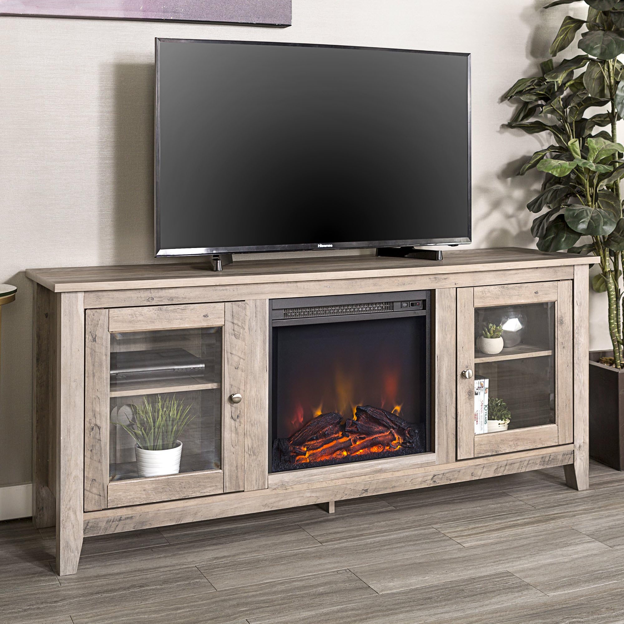 WE Furniture Rustic Wood and Glass Fireplace Stand for TV's up to 64" Flat Screen Living Room Storage Cabinet Doors and Shelves Entertainment Center, Grey Wash