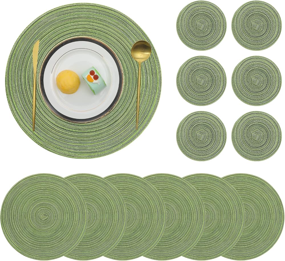 Pauwer Round Placemats and Coasters Set of 6 Green Non Slip Washable 38cm Mats