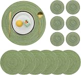 Pauwer Round Placemats and Coasters Set of 6 Green Non Slip Washable 38cm Mats