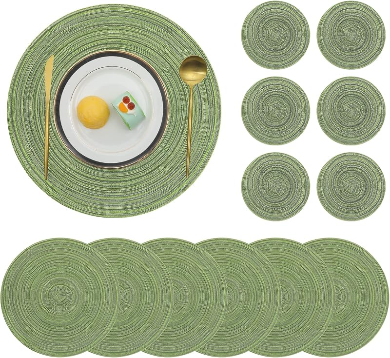 Pauwer Round Placemats and Coasters Set of 6 Green Non Slip Washable 38cm Mats