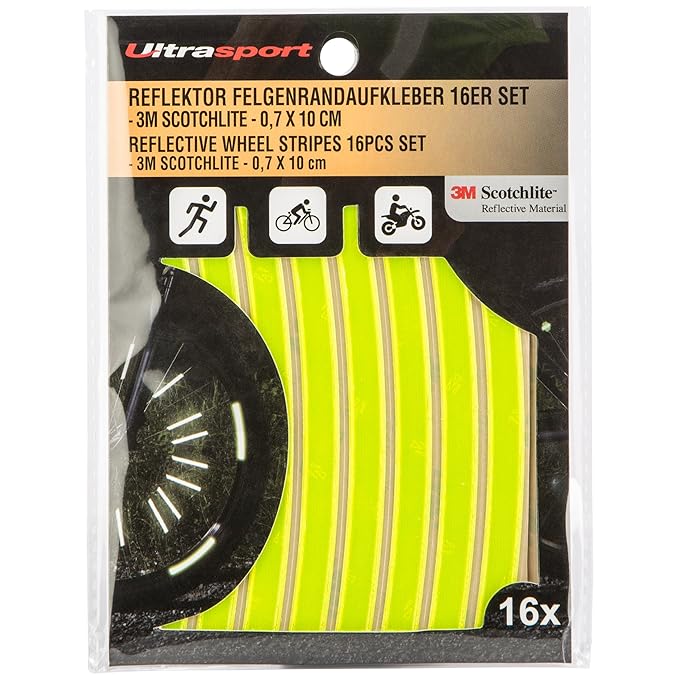 Ultrasport reflektierende Felgenrandaufkleber (16er-Pack) – Sichere Sichtbarkeit zum Aufkleben, Neon Gelb