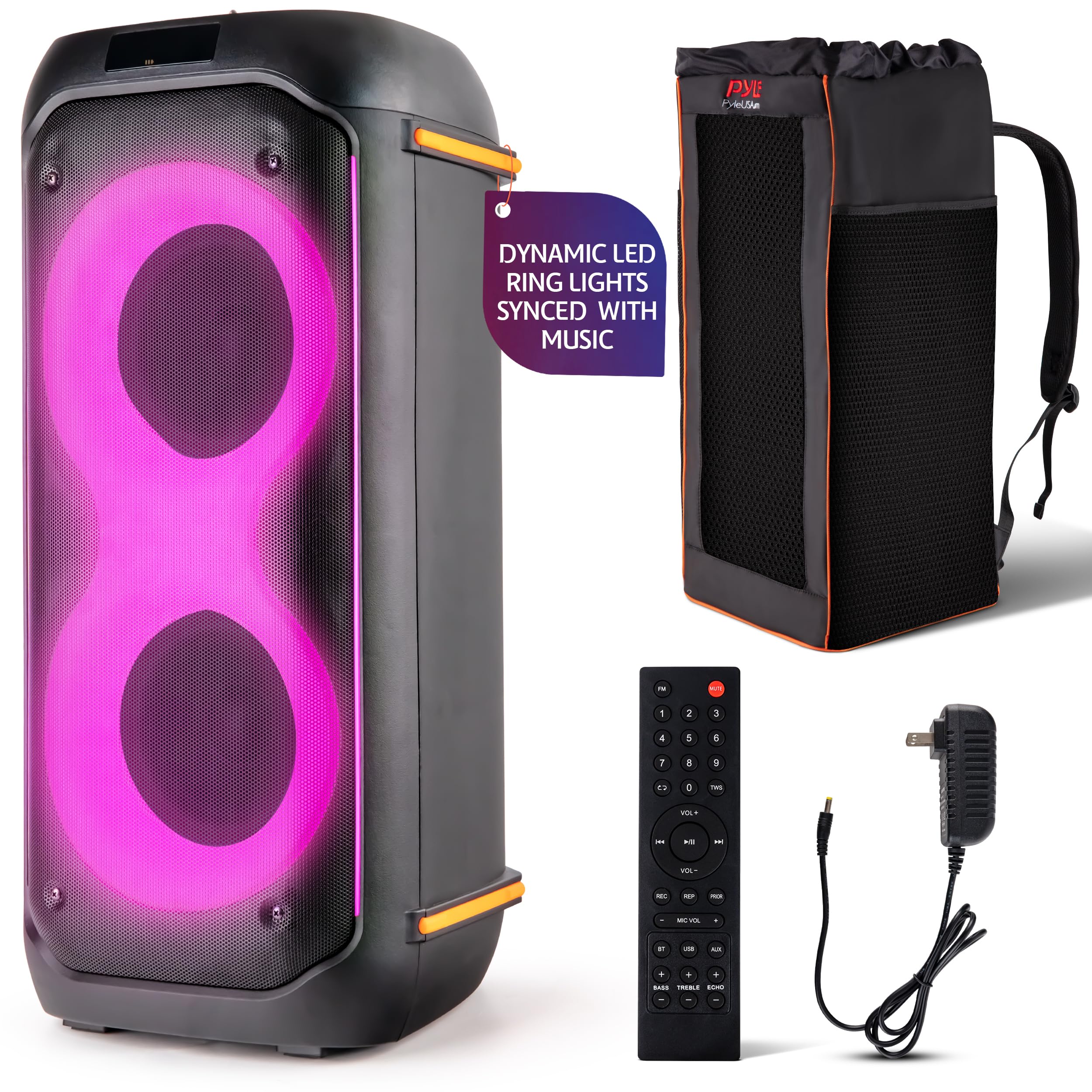 Pyle Compact Bluetooth PA Party Speaker System, 160W Dual 6.5″ Karaoke Machine with Mic, Rechargeable Battery, USB/SD/BT/FM Radio, TWS Function & Party Lights, Speaker Bag Included, 11.8″x11.8″x26.4″