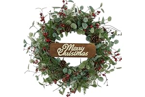 FURISIN Christmas Wreaths for Front Door,Artificial Christmas Wreath with Sparkling Leaves and Pine Needles are paired with Plump Pine and red Berries,Wreath for Indoor Wall Window Decor.