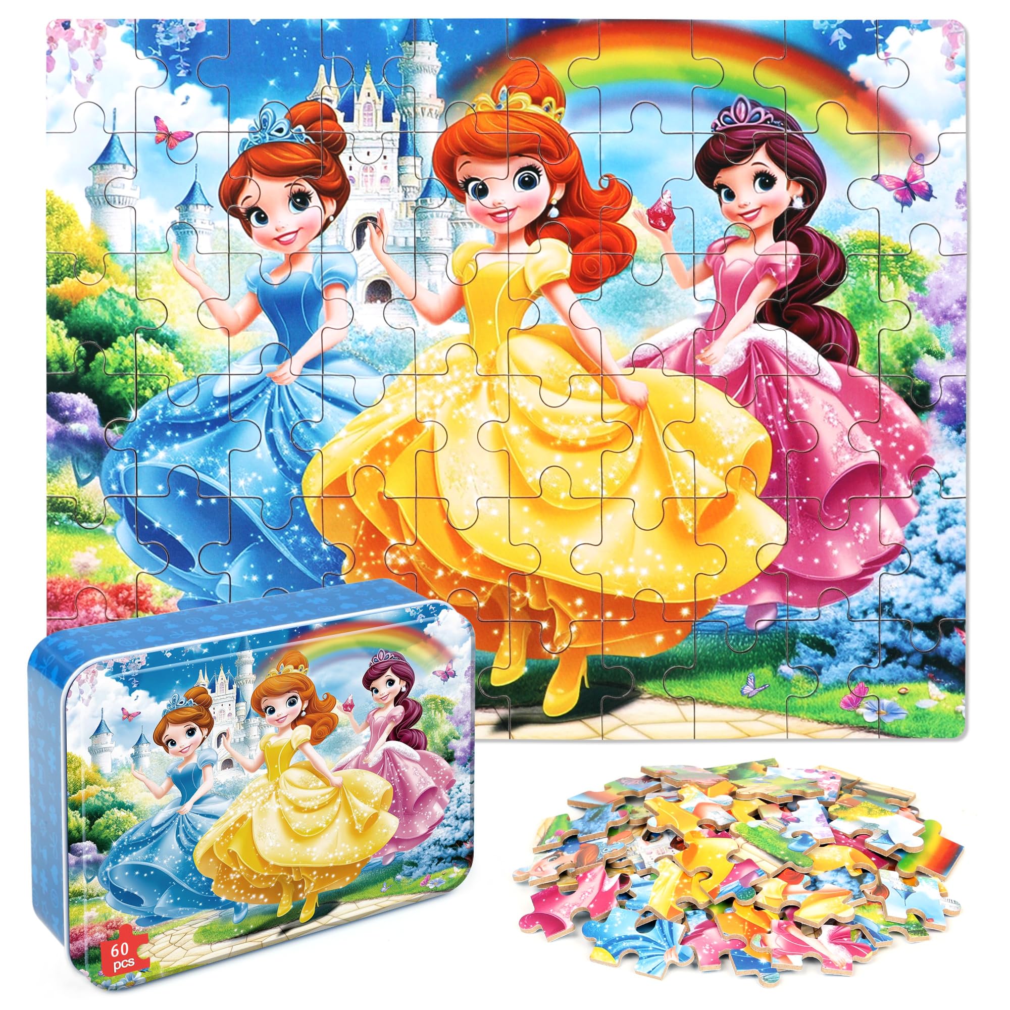 Photo 1 of MZZOTOY Princess Puzzles for Kids Ages 4-8, 60 Pieces Jigsaw Puzzles for Kids Ages 3-5 Puzzle for Girls and Boys Learning Educational Puzzles Toys in a Metal Box