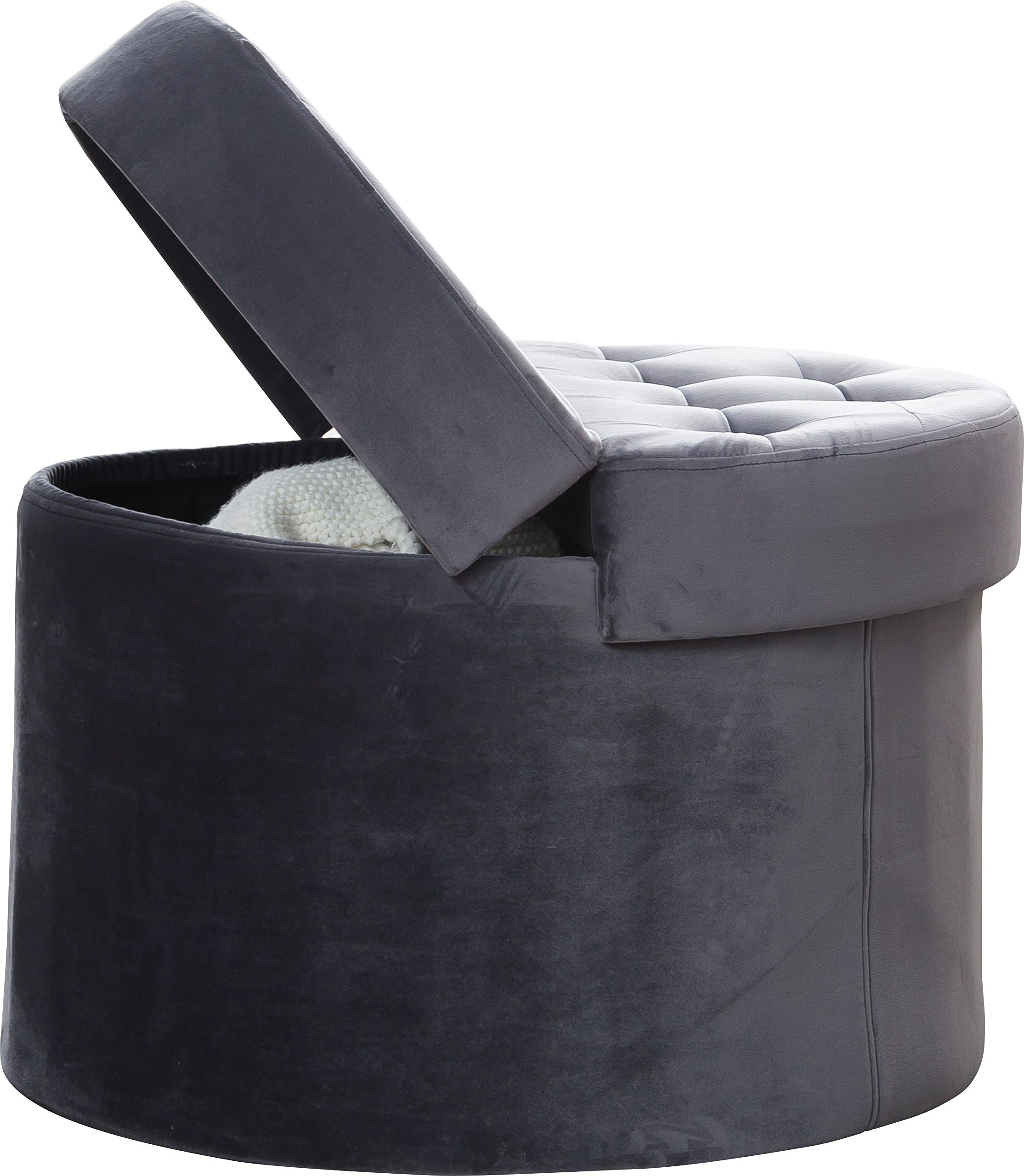 Ornavo Home Foldable Velvet Tufted Large Round Storage Ottoman Foot Rest Stool/Seat with Removable Lid - Gray