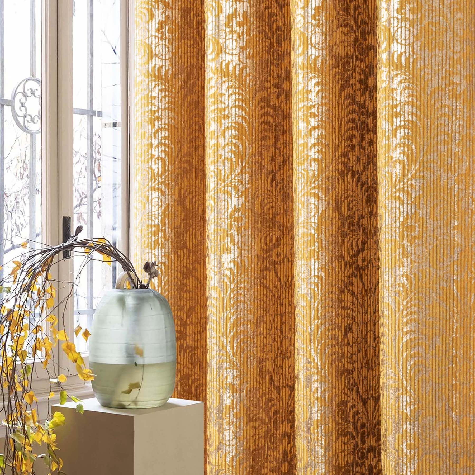 Photo 1 of always4u 100% Blackout Damask Foil Print Yellow and Gold Ridged Velvet Curtains 108 Inches Long Drapes 2 Panels Shiny Metallic Window 54 * 108 Inches