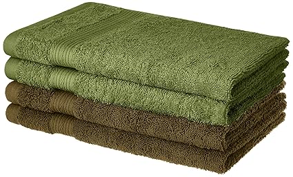 Amazon Brand - Solimo 100% Cotton 4 Piece Hand Towel Set, 500 GSM (Brown and Olive Green)