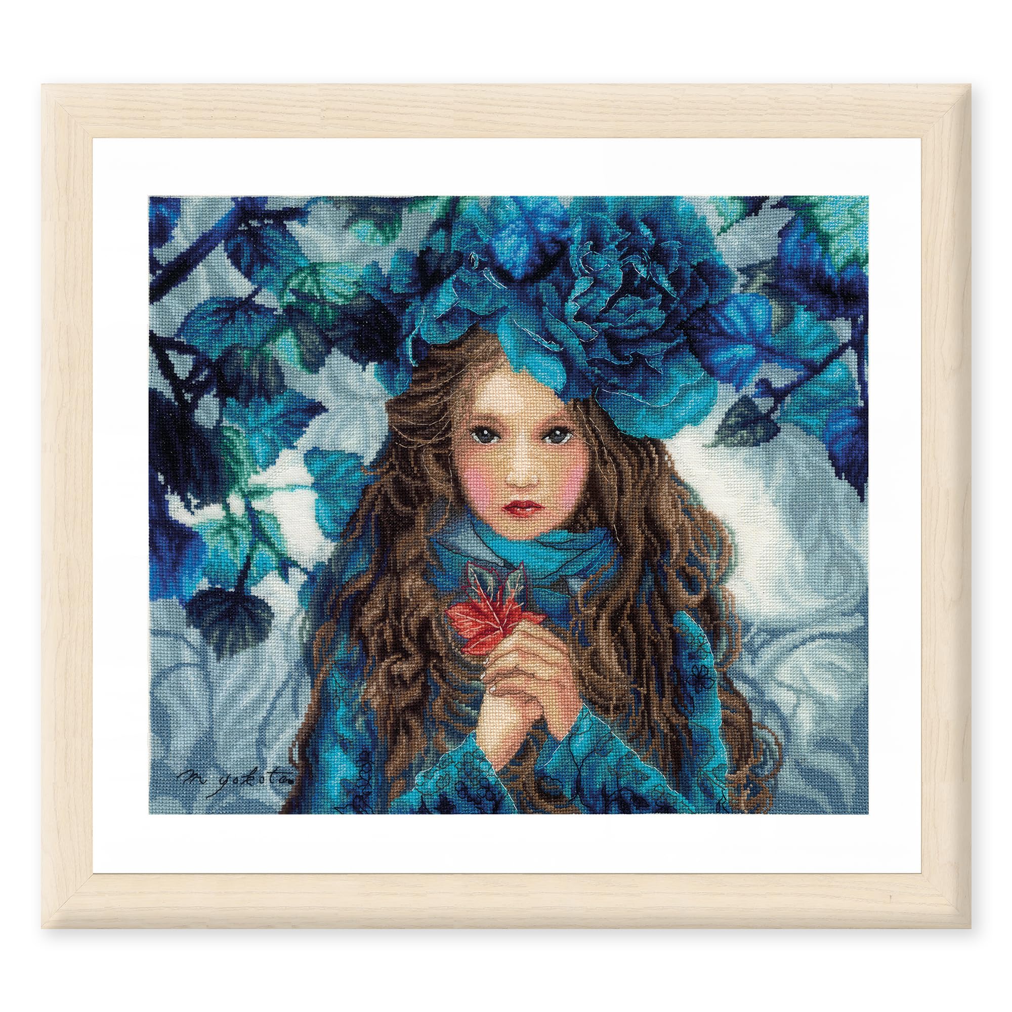 Lanarte Cross Stitch Embroidery Kits Counted Cross Stitch Pictures Set Blue Flowers Girl Wall Decoration Handmade Set for Adults 38 x 32 cm DIY Decoration Craft Set Craftsman Creative Gift Set
