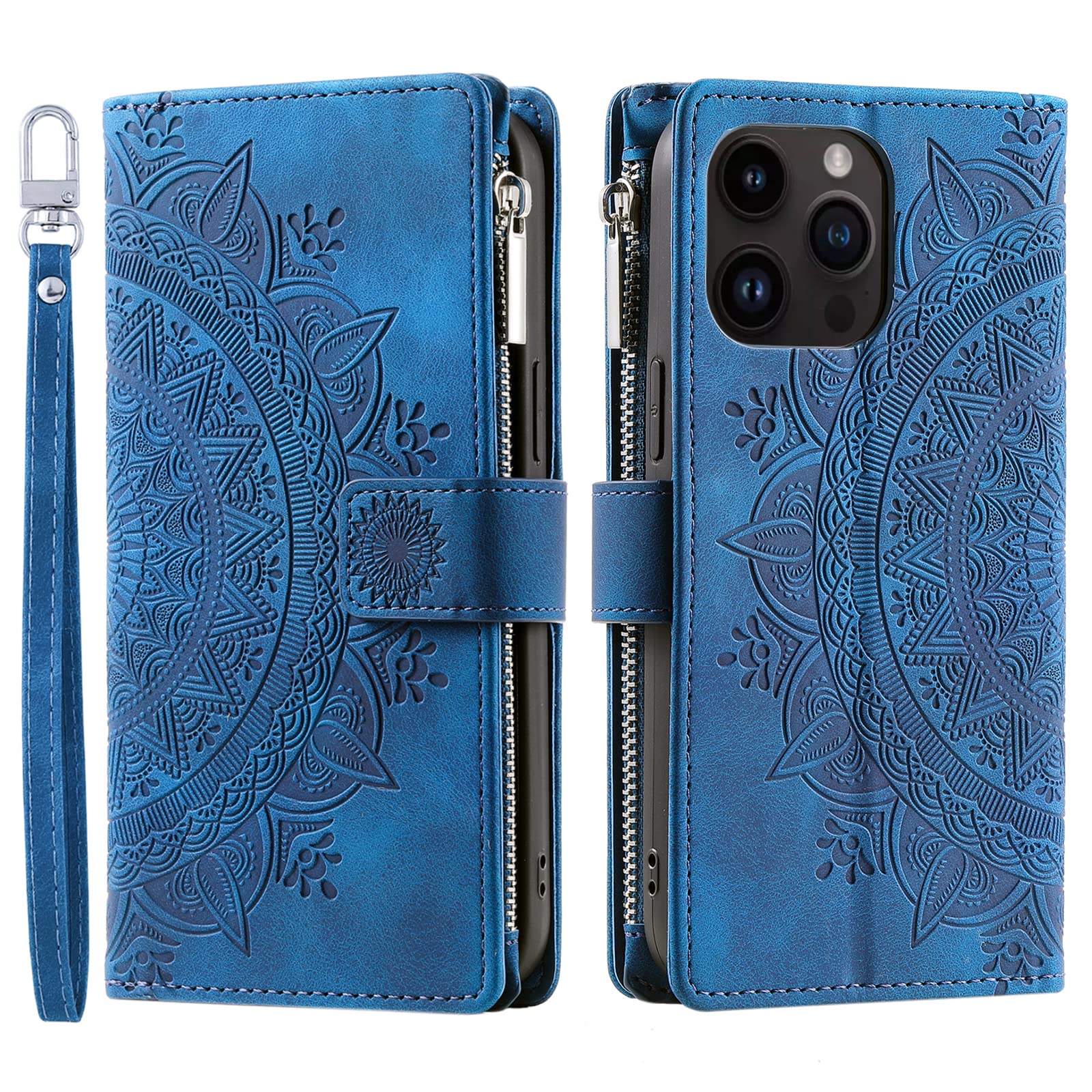 VEEMOS Wallet Case for iPhone 14 Pro Flower Flip Case Protective Leather Folio Book Phone Cover with Card Slots Kickstand Zipper Pocket - Blue