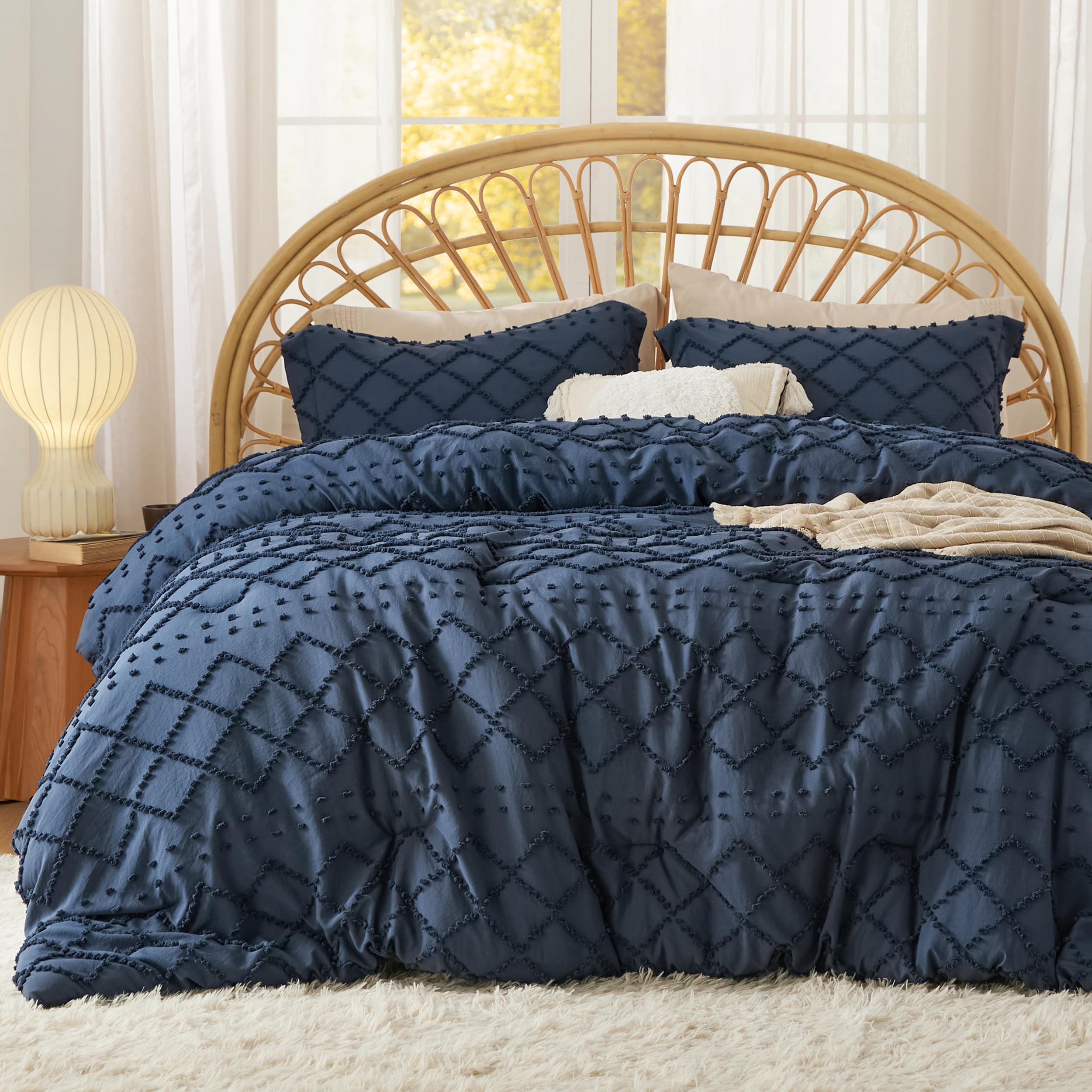 Bedsure Oversized Queen Comforter Set - Navy Blue Comforter, Boho Tufted Shabby Chic Bedding, 3 Pieces Vintage Farmhouse Bed Set for All Seasons, Fluffy Soft Bedding with 2 Pillow Shams Image