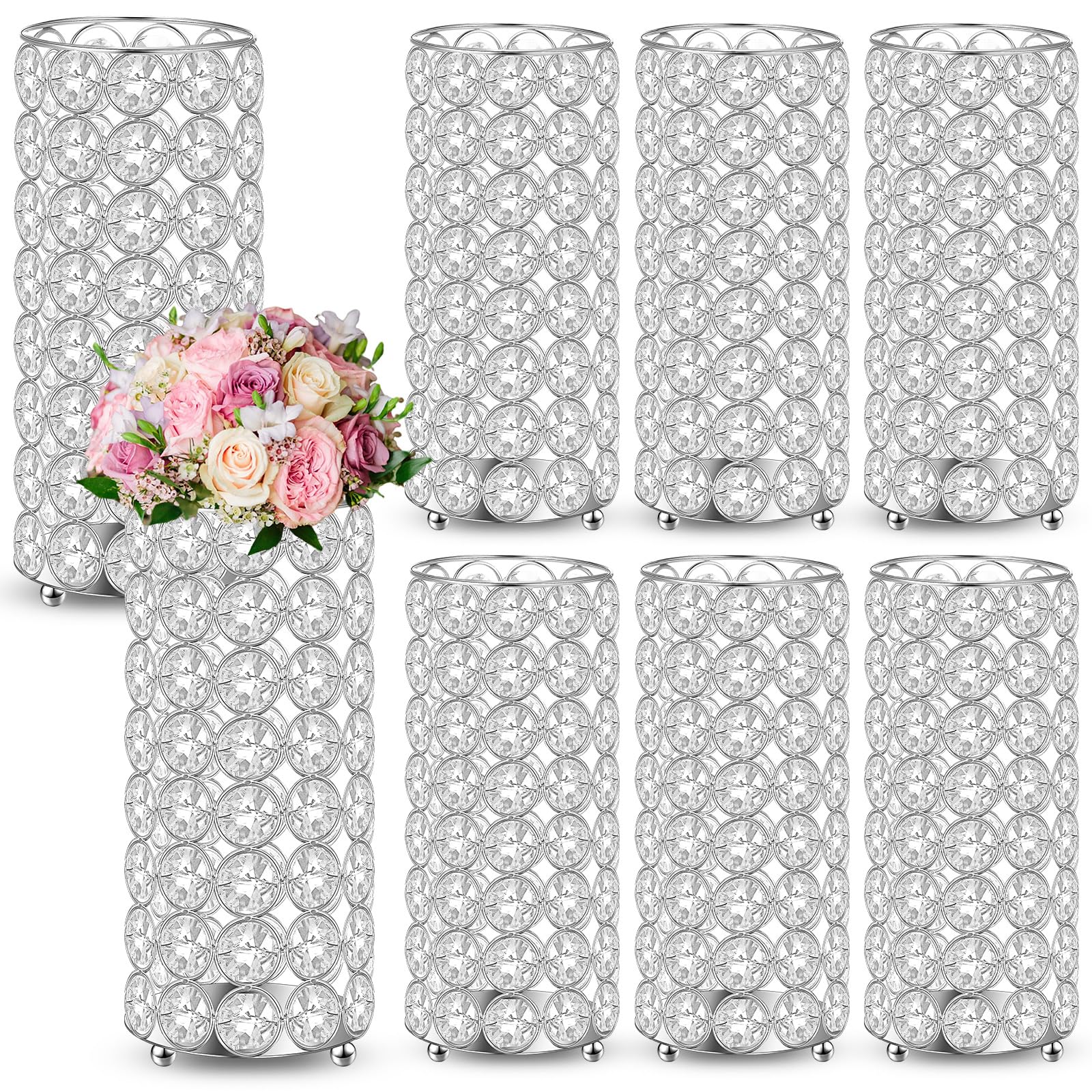 Photo 1 of Dandat 8 Pcs Crystal Flower Vase for Wedding Table Centerpieces 7.87 in Crystal Pillar Candle Holder Metal Cylinder Flower Vase Stand for Wedding Decor Gifts Arrangement Event(Silver)