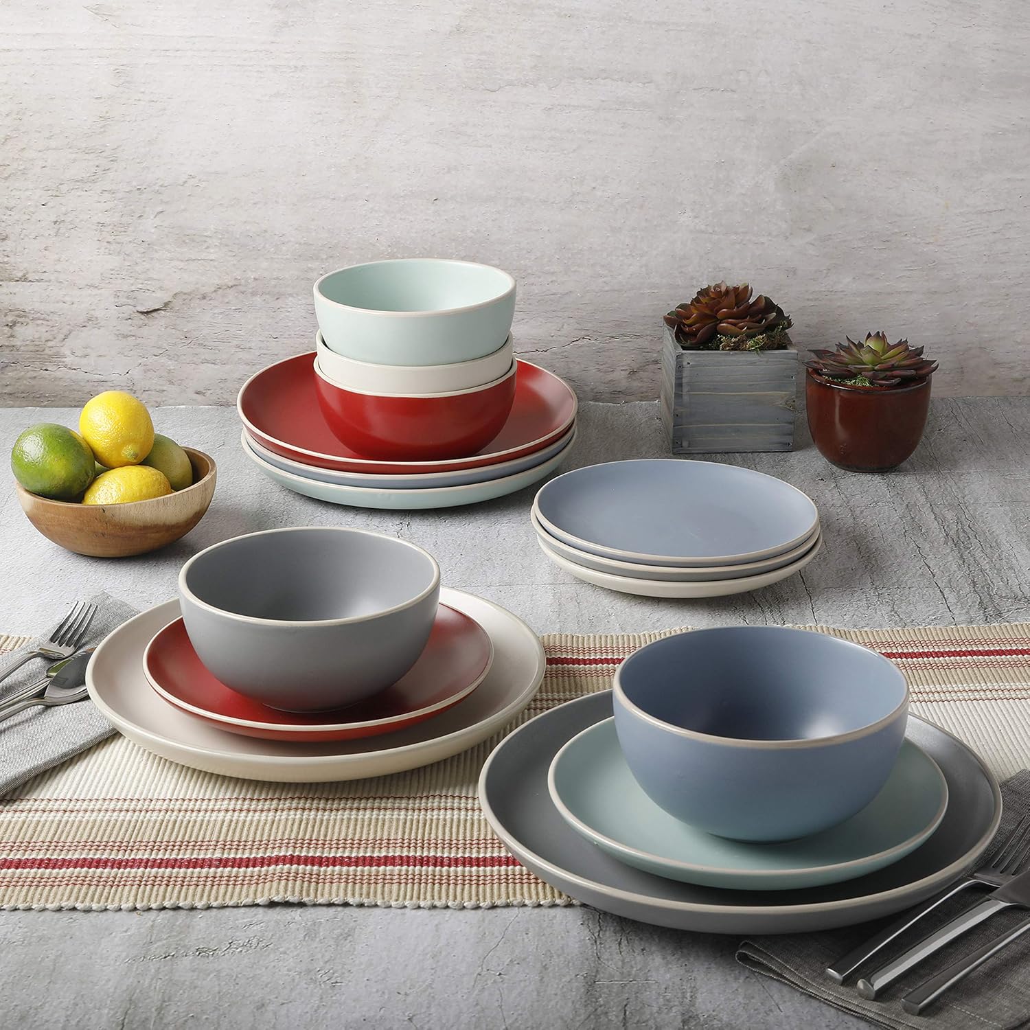  | Gibson Home Rockaway 12 Piece Dinnerware, Teal Matte -: Dinnerware Sets