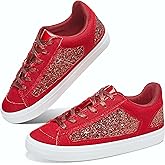 Obtaom Women Glitter Sneakers Sparkly Sequin Canvas Fashion Sneakers Comfortable Lace Up Shiny Bling Shoes for Wedding Party