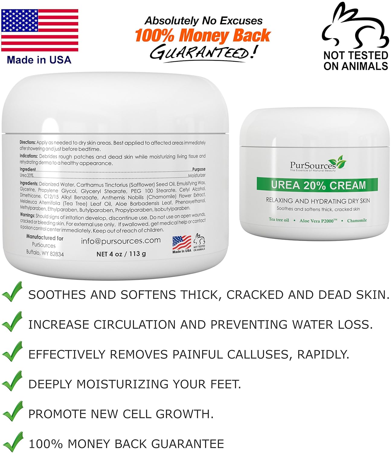 PurSources Urea 20% Healing Cream 4 oz - Best Callus Remover - Moisturizes and Rehydrates Hands, Feet and Knees to a Healthy Appearance - Soothes and Softens Thick, Cracked, Rough Dead and Dry Skin : Beauty