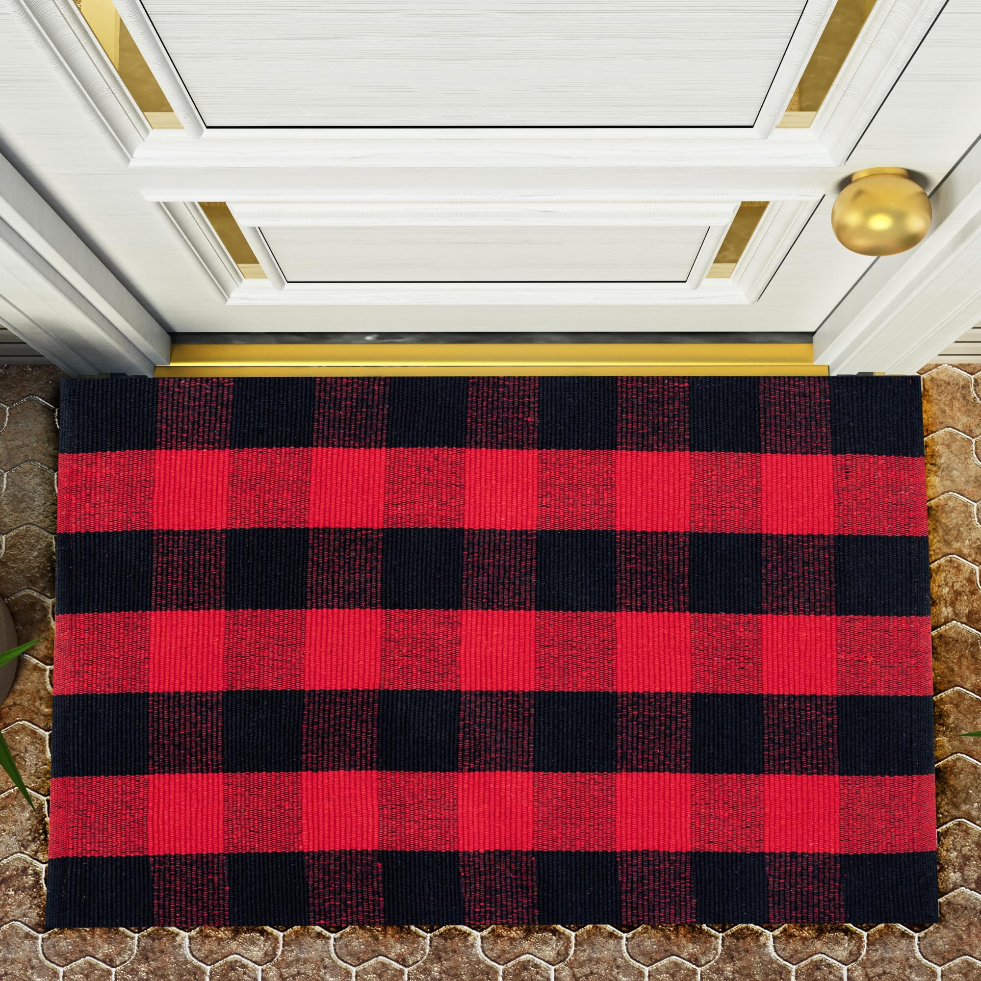 RAJRANG Handwoven Cotton Area Rug Chinese Black and Red Buffalo Plaid Kitchen rug Entryway, Bathroom, Front Door Mat washable Rug 60x90 cm โ image 1