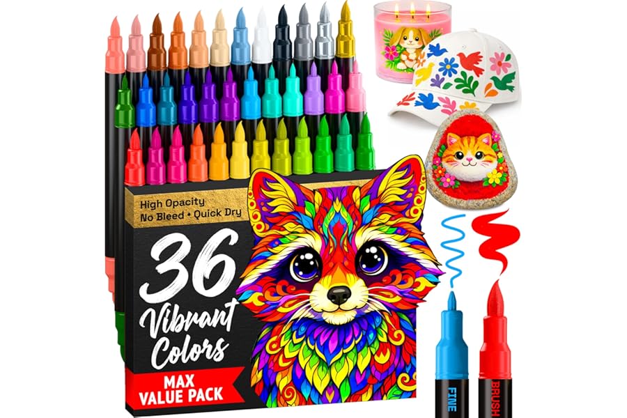 ARTISTRO 36 Acrylic Paint Markers - Paint Pens for Drawing, Brush + Fine Tips - For Fabric, Rock, Glass, Wood, DIY - Art & Craft Supplies for Adults, Teens, Kids - Teacher Appreciation Gift