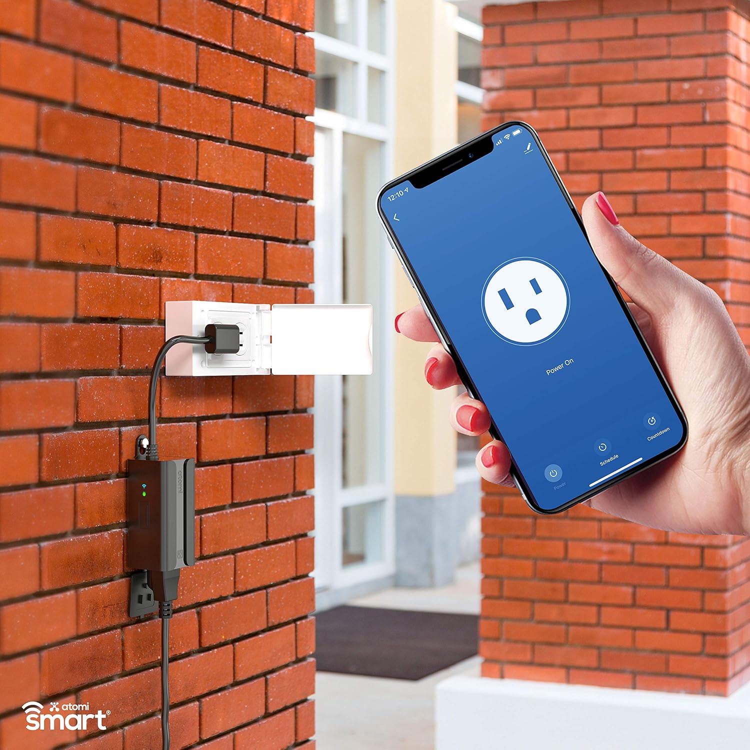 Atomi Smart Outdoor Plug WiFi works with Droid iOS control from any phone, great for holiday lights and lawn accessories - - 