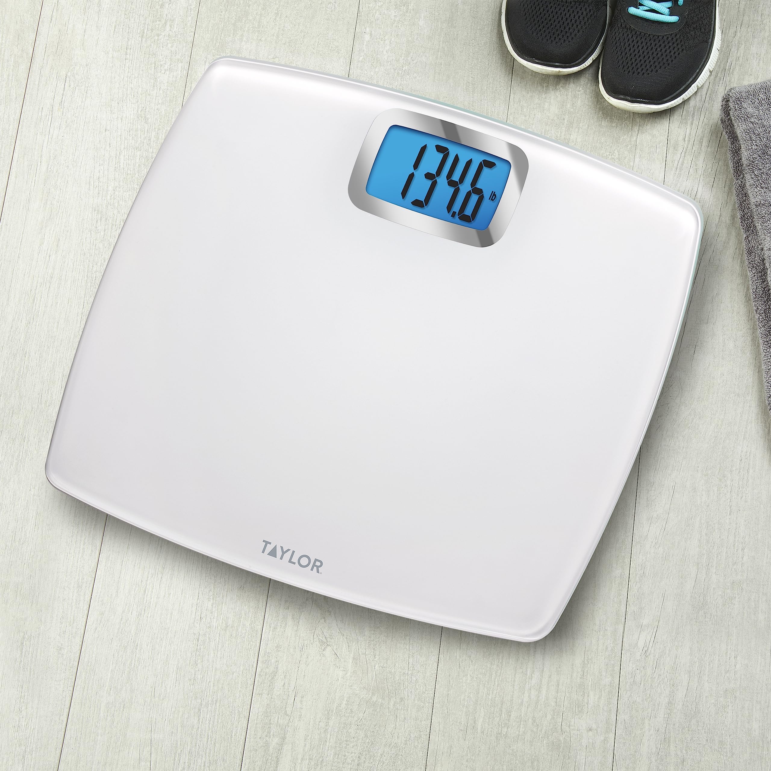 Taylor Digital Scales for Body Weight, Extra High Accurate 440 LB Capacity, Unique Blue LCD, Bright White Finish Extra LargePlatform, 12.2 x 13.5 Inches, White