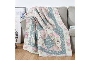 Chezmoi Collection Gayle 1-Piece Cotton Patchwork Quilted Throw - Vintage Washed Floral, Soft Breathable Reversible Quilt for All Seasons. Throw Blanket