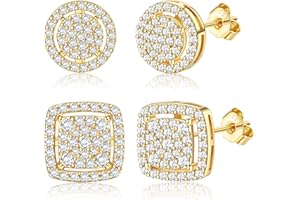 FASACCO Earrings for Men Sterling Silver Men's Earrings Black/Silver/14K Gold Earrings for Men Iced Out Earrings Halo Square Earrings Mens Stud Earrings Set