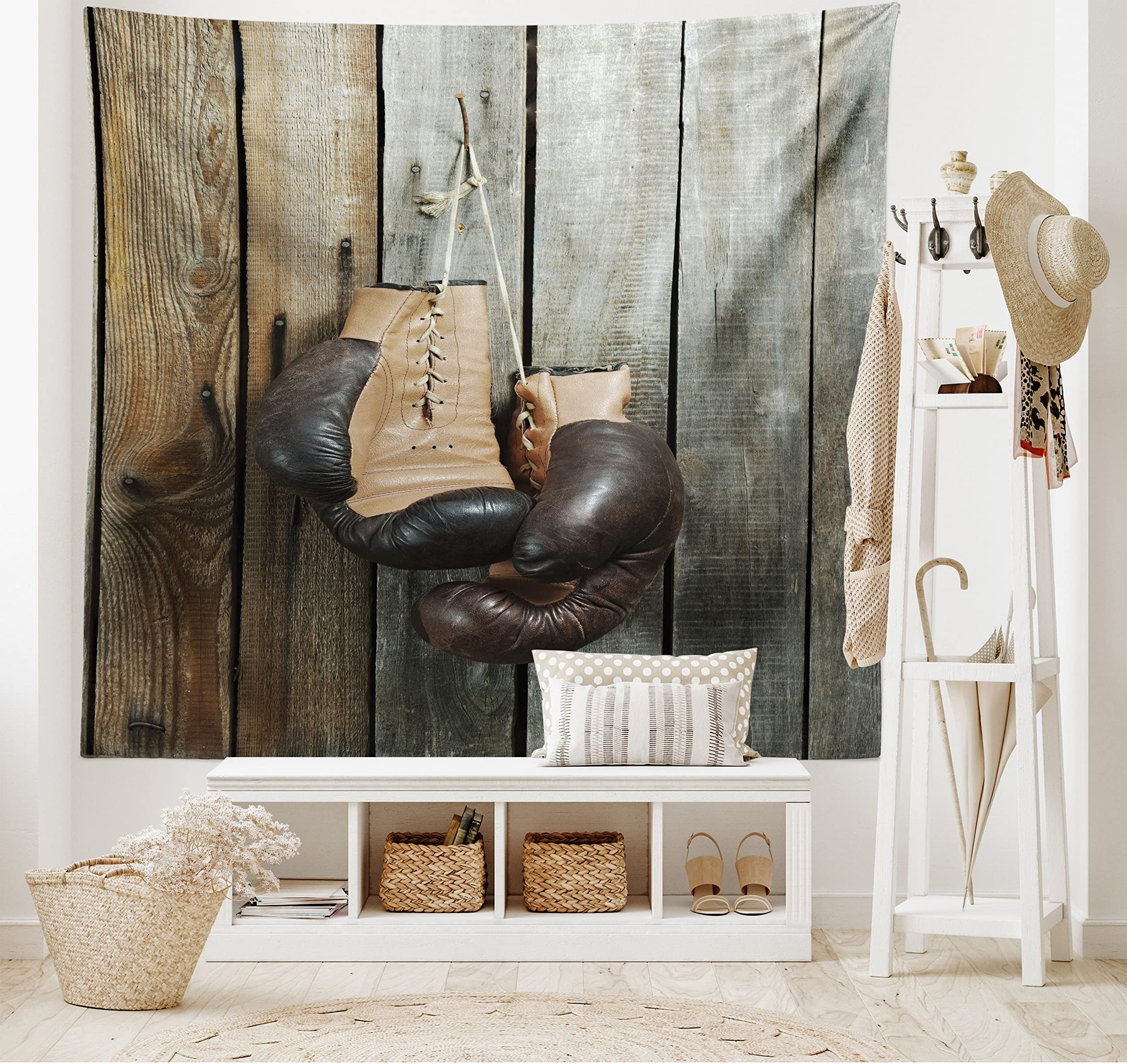 ABAKUHAUS Vintage Tapestry, Vintage Boxing Gloves on the Old Wooden Background Antique Equipment Photo Art Print, Fabric Wall Hanging Decor for Bedroom Living Room Dorm, 90 W X 54 L, Brown