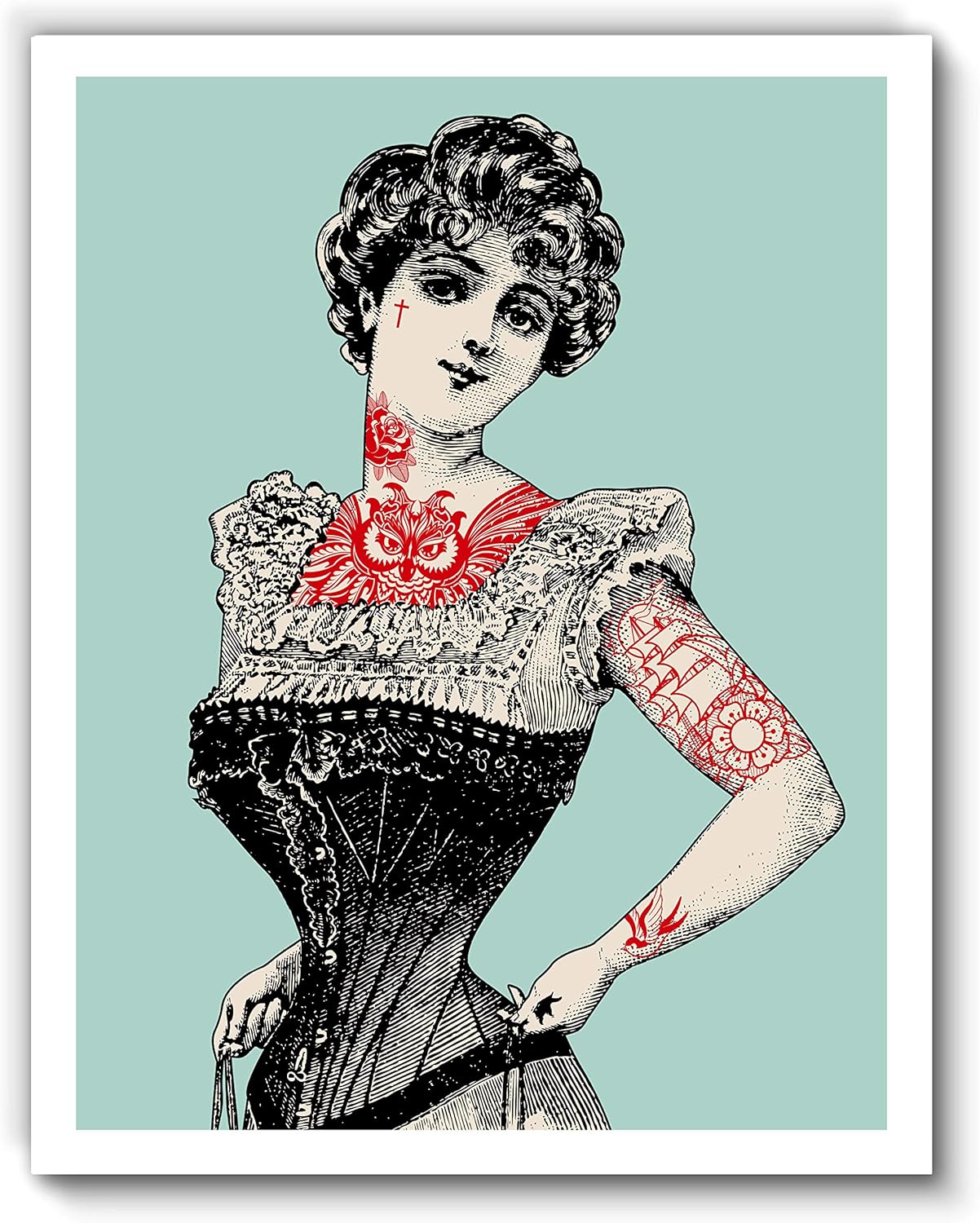Printsmo, Victorian Tattooed Woman, Green Abstract Modern Contemporary Art Print, Minimalist Wall Art for Bedroom and Home Decor, Boho Art Print Poster, Wall Decor 11x14 Inches, Unframed