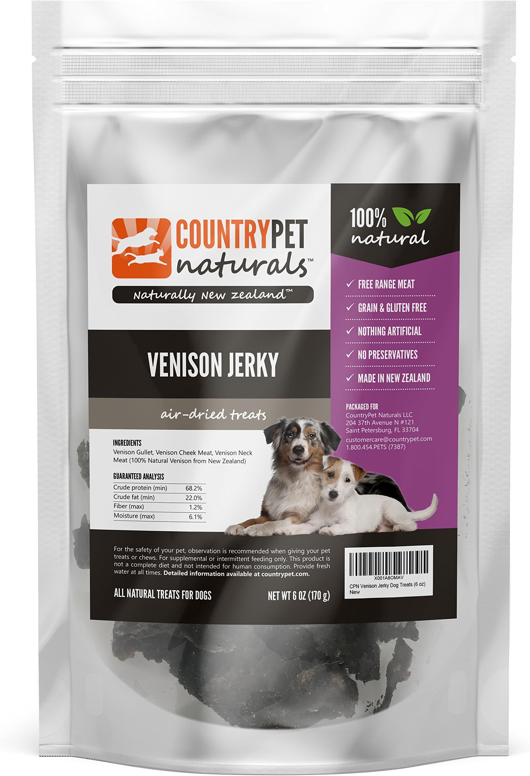 CountryPet Naturals Venison Jerky Treats for Dogs (6 Ounces) - Air Dried, Healthy Snack and Training Reward - 100% Natural, Grain Free, Gluten Free, Single Ingredient - Made in New Zealand