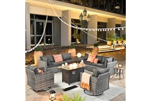 ovios 11 Piece Outdoor Patio Furniture Set with Fire Pit Table,Conversation Sectional Wicker Couch with Swivel Chairs,Modern Outside Sofa for Balcony Backyard (Black)