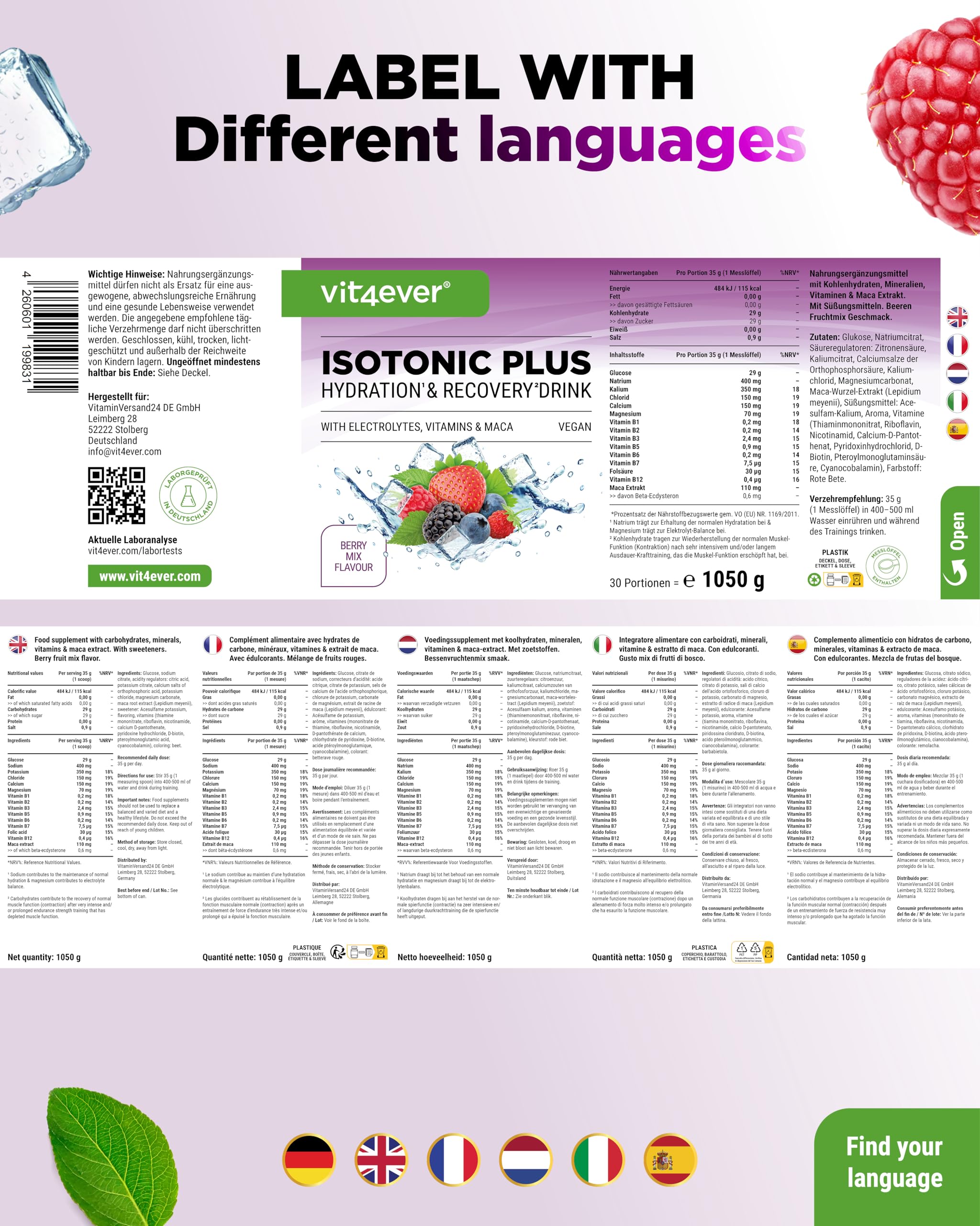 vit4ever Isotonic Plus Drink - 1050 g Isotonisches Getränkepulver – mit Kohlenhydraten, Elektrolyten, Vitaminen und Maca - Hydration & Recovery Formel - vegan (Beeren Fruchtmix) 8