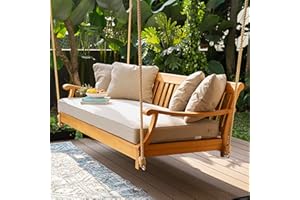 Cambridge Casual Robin Teak Porch Swing Bed – Solid Wood Outdoor Daybed with Oyster Cushion & 4 Pillows – Spacious 3-Seater Hanging Swing for Patio, Porch, or Backyard