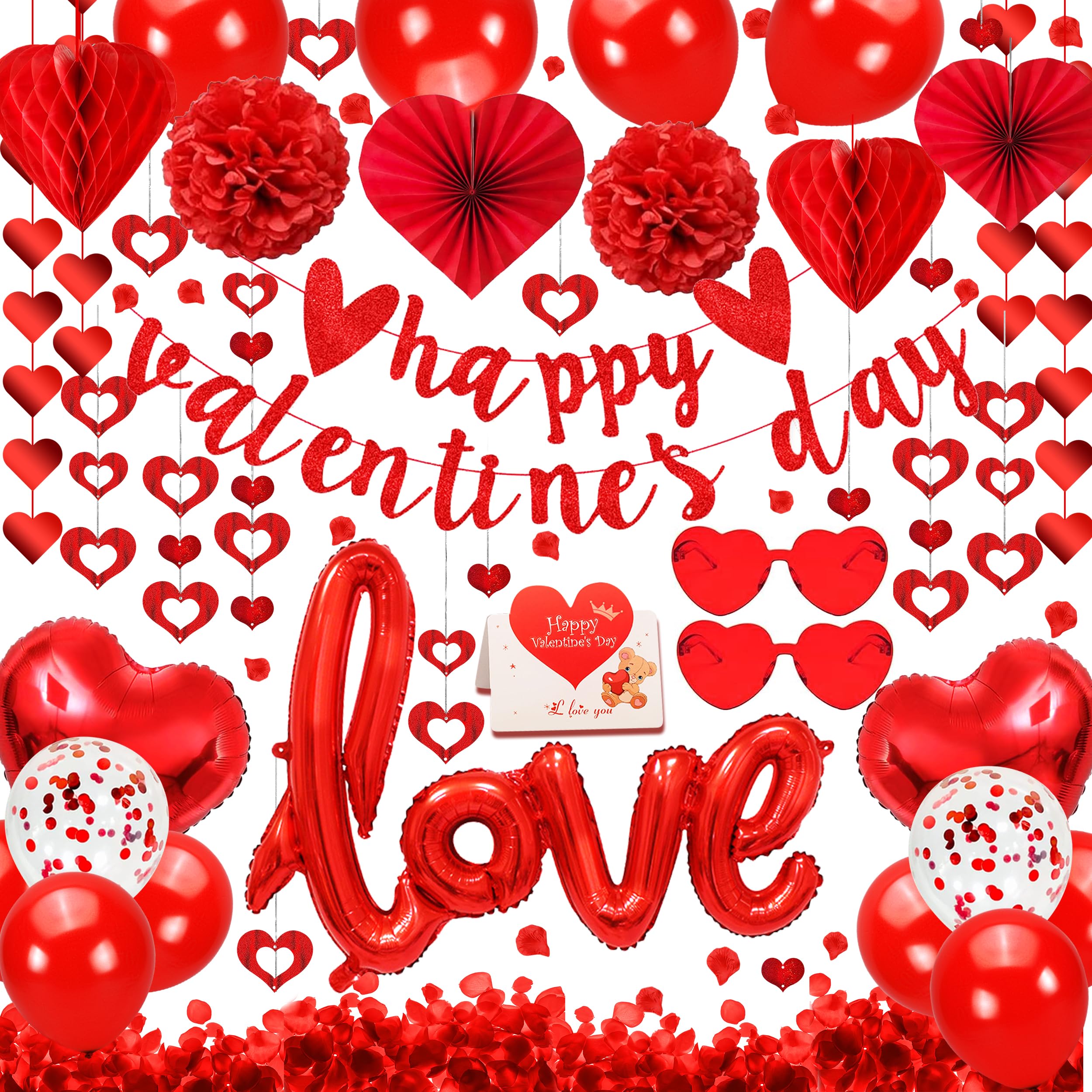 Creerluces Valentine’s Day Decorations Happy Valentine’s Day Banner Heart Shaped Fans Valentine Day Card Valentine Balloons Red Petals for Wedding Bridal Anniversary Happy Valentines Party Decorations