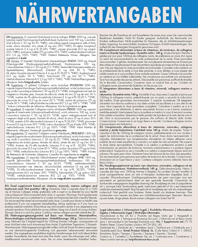 Meereskollagen, reines, hochwertiges hydrolysiertes Marine-Kollagen vom Typ 1 mit den Vitaminen C, E, B12, Kupfer, Zink und Jod, für Damen und Herren, 1200mg, 120 Stück (1er-Pack)