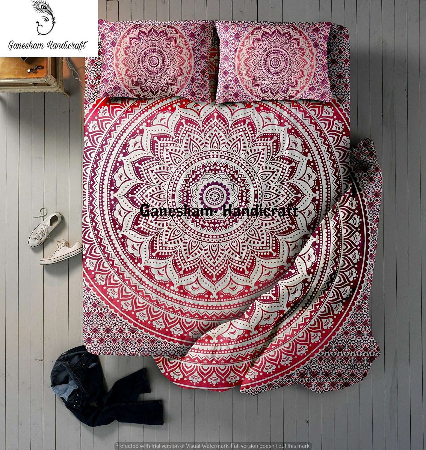 Ganesham Indian Hippie Gypsy Boho Throw Blankets, Bedroom Quilt Throw, Bedsheet, Indian Mandala Bedspread Cotton Bed Cover with 2 Pillow Shams